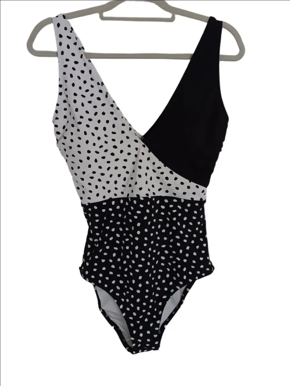 Lands' End Black & White Polka Dot Mix Pattern One-Piece Swimsuit V Front & Back
